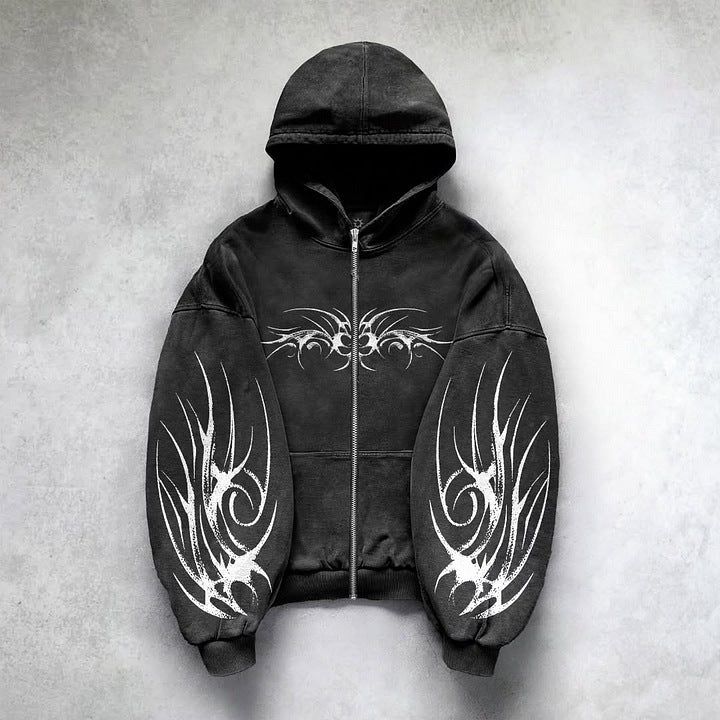 Gothic Graphic Print Corduroy Hooded Sweatshirt
