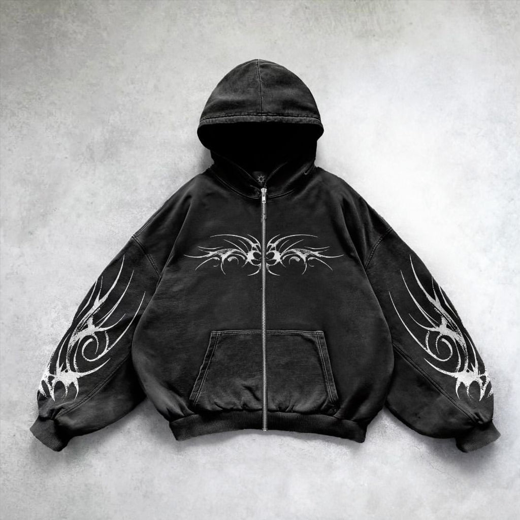 Gothic Graphic Print Corduroy Hooded Sweatshirt