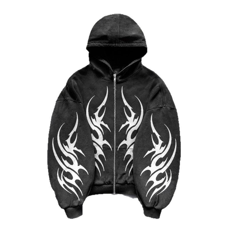 Gothic Graphic Print Corduroy Hooded Sweatshirt