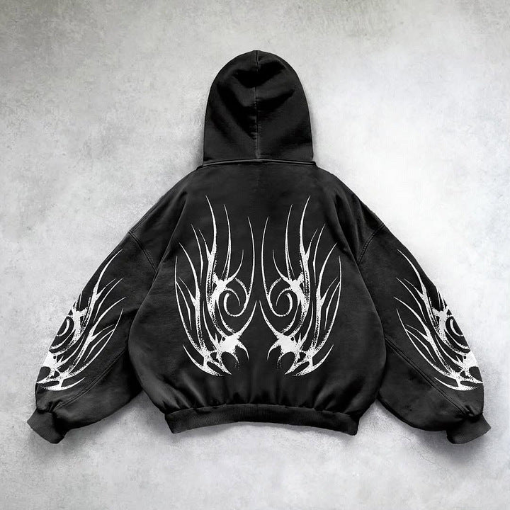 Gothic Graphic Print Corduroy Hooded Sweatshirt
