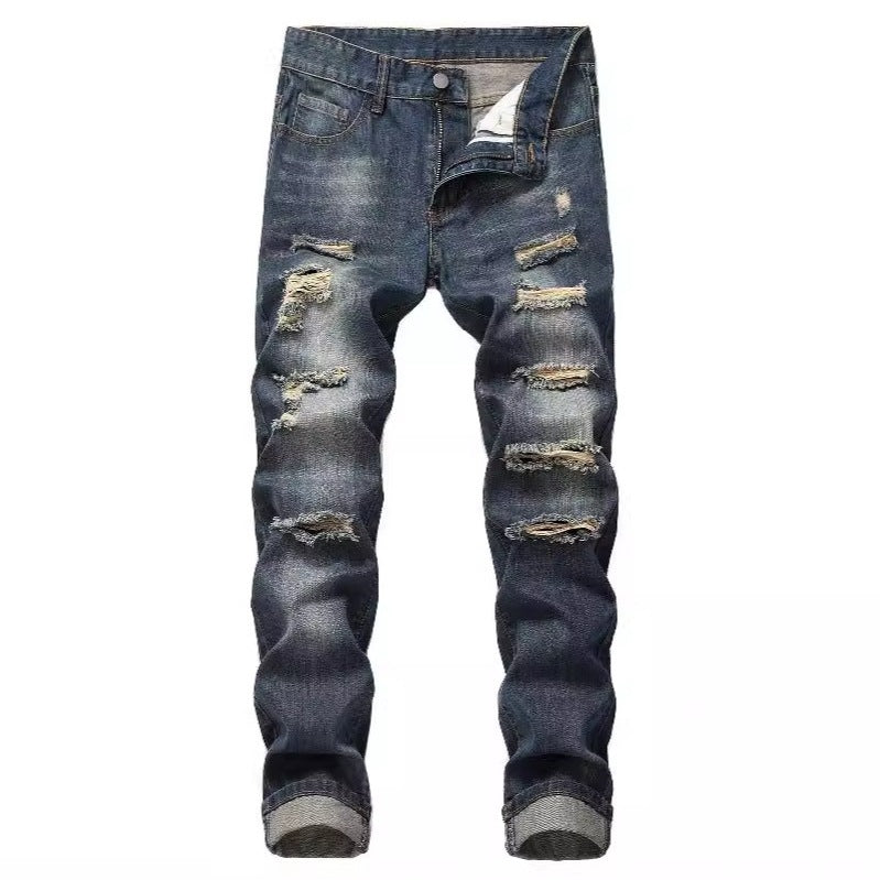 Men's Ripped Straight Slim Non-Stretch Jeans