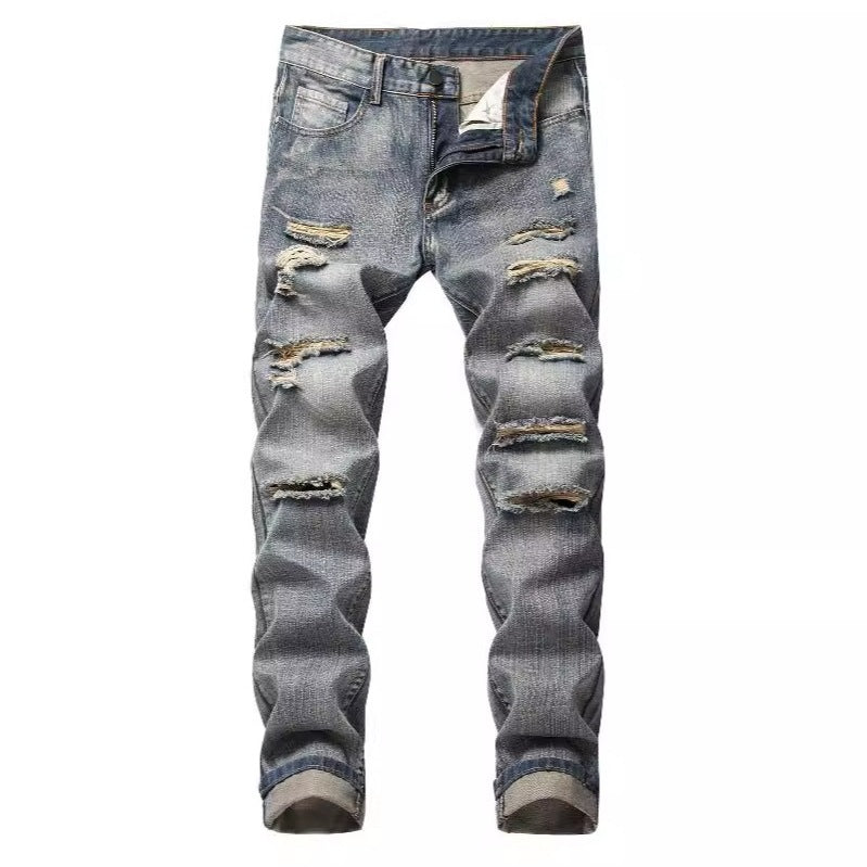 Men's Ripped Straight Slim Non-Stretch Jeans
